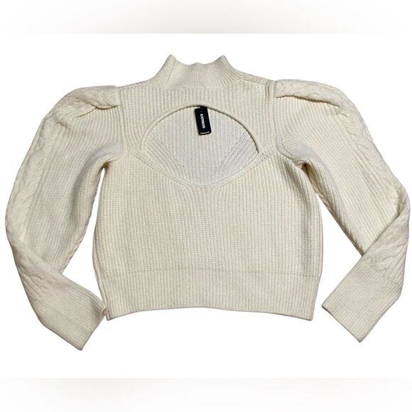 EXPRESS Ivory Mock Neck Back Cutout Puff Sleeve Cropped Sweater - Picture 6 of 8